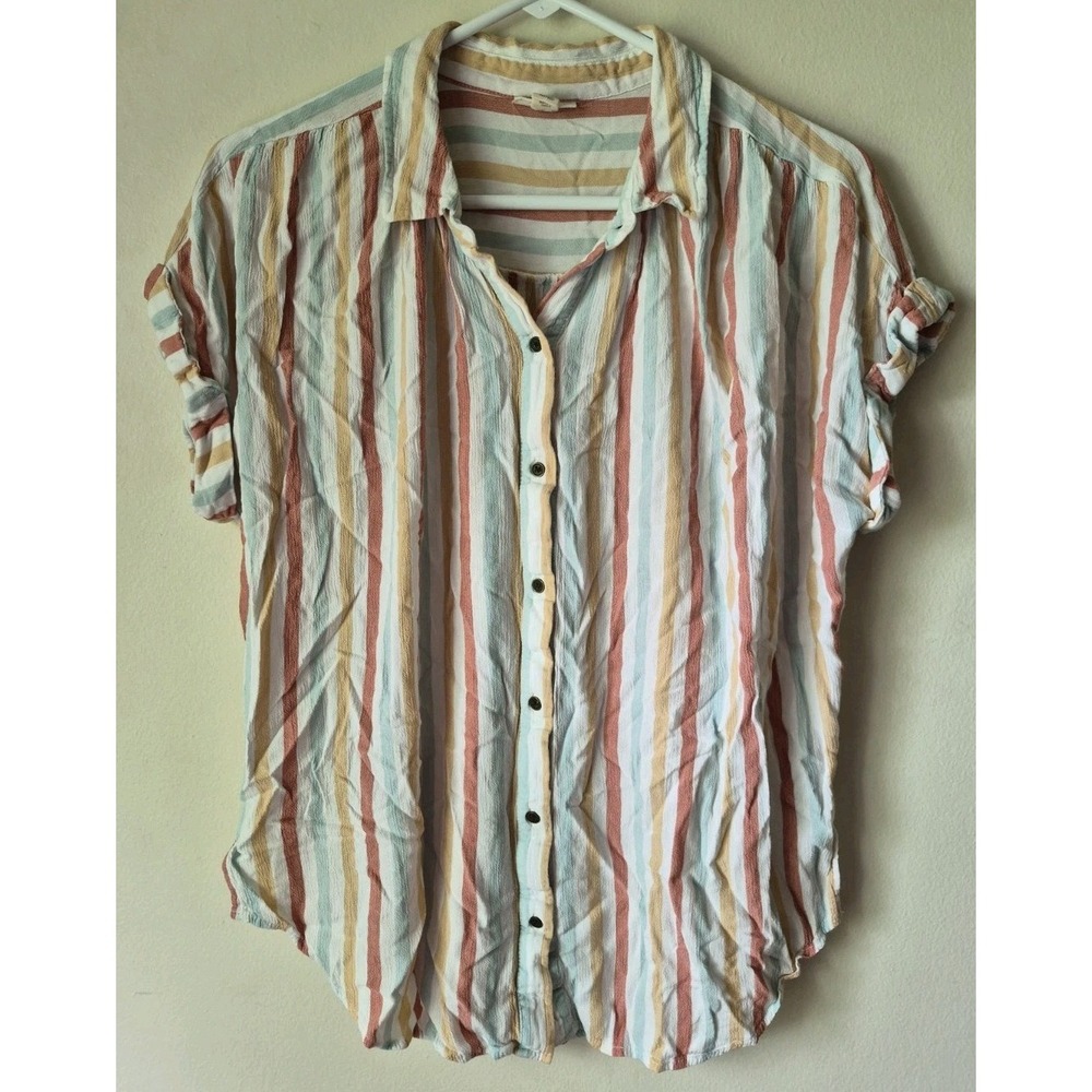 a.n.a. (A New Approach) Women's Short-Sleeve Button-down Striped Blouse Size L - Picture 1 of 4